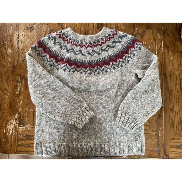 Handmade Knit Nordic Wool Sweater Unisex Size M Gray Red Yoke Design - Picture 6 of 10